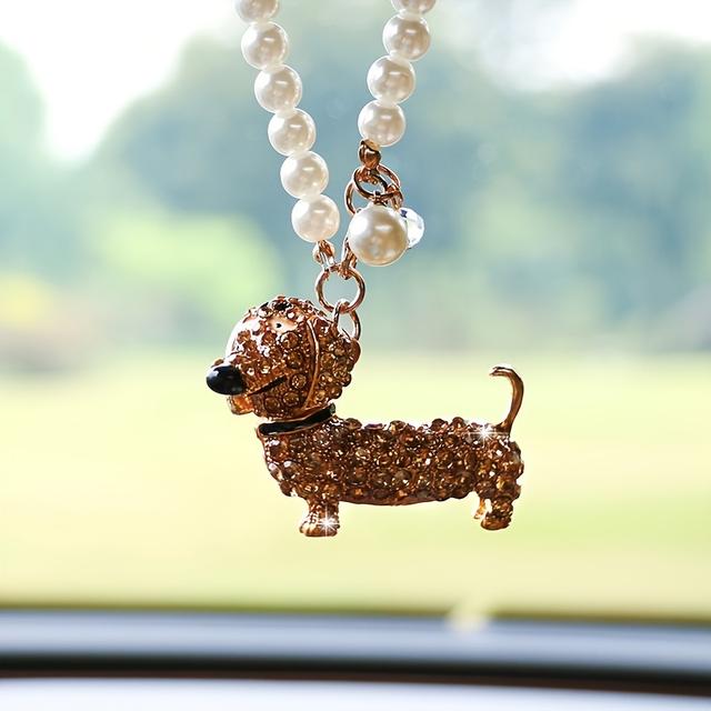 TEMU New Dachshund Car Interior Pendant Car Rearview Mirror Decoration Pendant With Diamond Puppy Car Pendant Additions