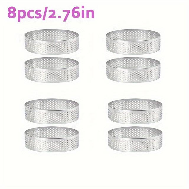 TEMU 8-pack Stainless Steel Tart Rings, Round Perforated Baking Molds, Metal Pastry Cake Molds, Wedding & Christmas Desserts, Kitchen & Restaurant Bakery Tools