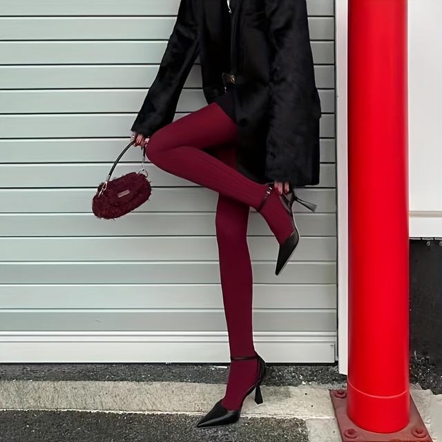 TEMU A Pair Of Women's Autumn And Winter Velvet High- Solid Color Leggings, Tights In Red, Suitable For Casual , Thin Anti-snag Pantyhose.