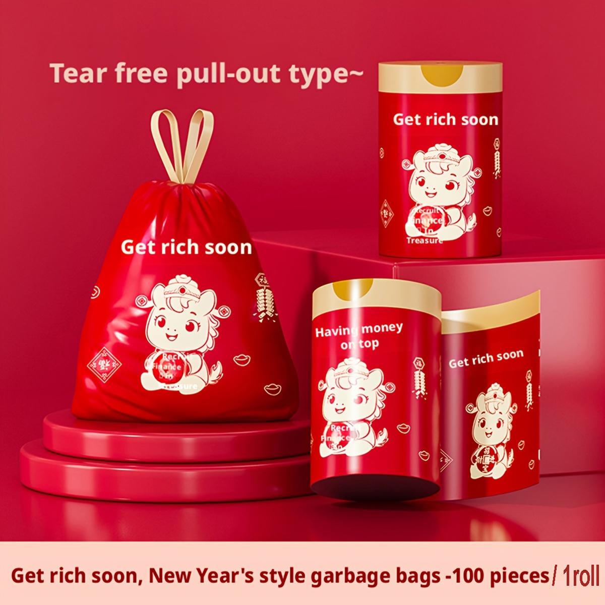 TEMU 100pcs/1 Roll Of New Drawstring Garbage Bags For The Year Of The Horse, Pull-out Garbage Bags, Suitable For Home, Kitchen, Bathroom, And Dormitory Use. Thickened, Portable