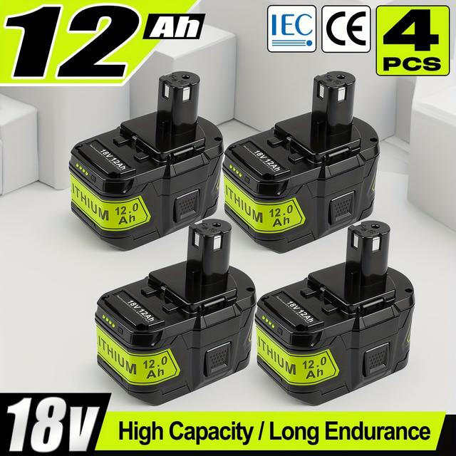 TEMU Ersättningsbatteri 4-pack 12.0Ah 18V för Ryobi 18V Litiumjonbatterier Kompatibla med Ryobi One+ Plus Sladdlösa Verktyg P109, P108, P107, P105, P104 och