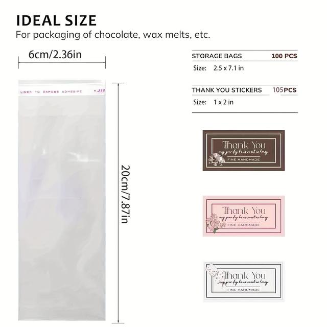 TEMU Candy Bar Wrappers Measuring 2.5 By 7.8 Inches, Includes 100 Self-adhesive Wax Melt Bags And 105 Stickers