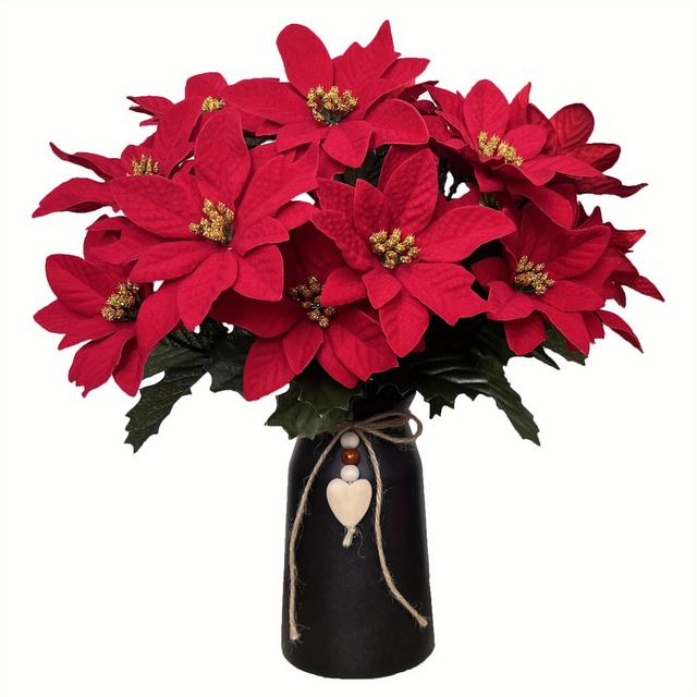 TEMU 빈티지 세라믹 포인세티아 인공 꽃 부케, 하트 펜던트 및 꼬마 활, 크리스마스 휴일 테이블 장식 및 거실 장식용 검은색 꽃병