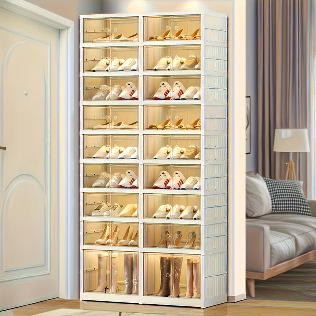 TEMU 1 Pcs Big Capacity Foldable Wardrobe Storage Organizer Plastic Collapsible Shelf Stackable Clear Folding Shoes Cabinet For Small Spaces Narrow Shoe Rack Living Room Stuff Hallway Furniture