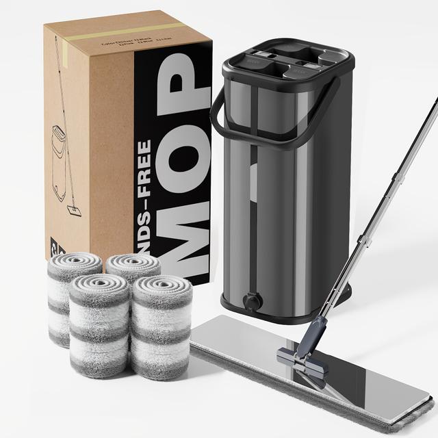 TEMU Stainless Steel Flat Mop And Bucket Set With 4 Reusable Microfiber Pads, Dual-sided Wash And For Home And Commercial Cleaning