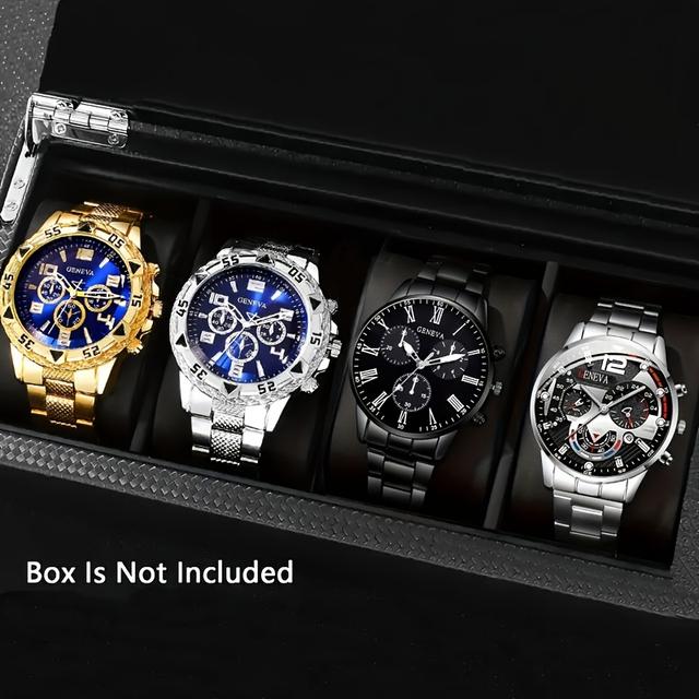 TEMU Men's 4pcs Stainless Steel Geneva Quartz Watch Collection - Features A Round Dial, Alloy Case, Electronic Movement, And Is Not Waterproof