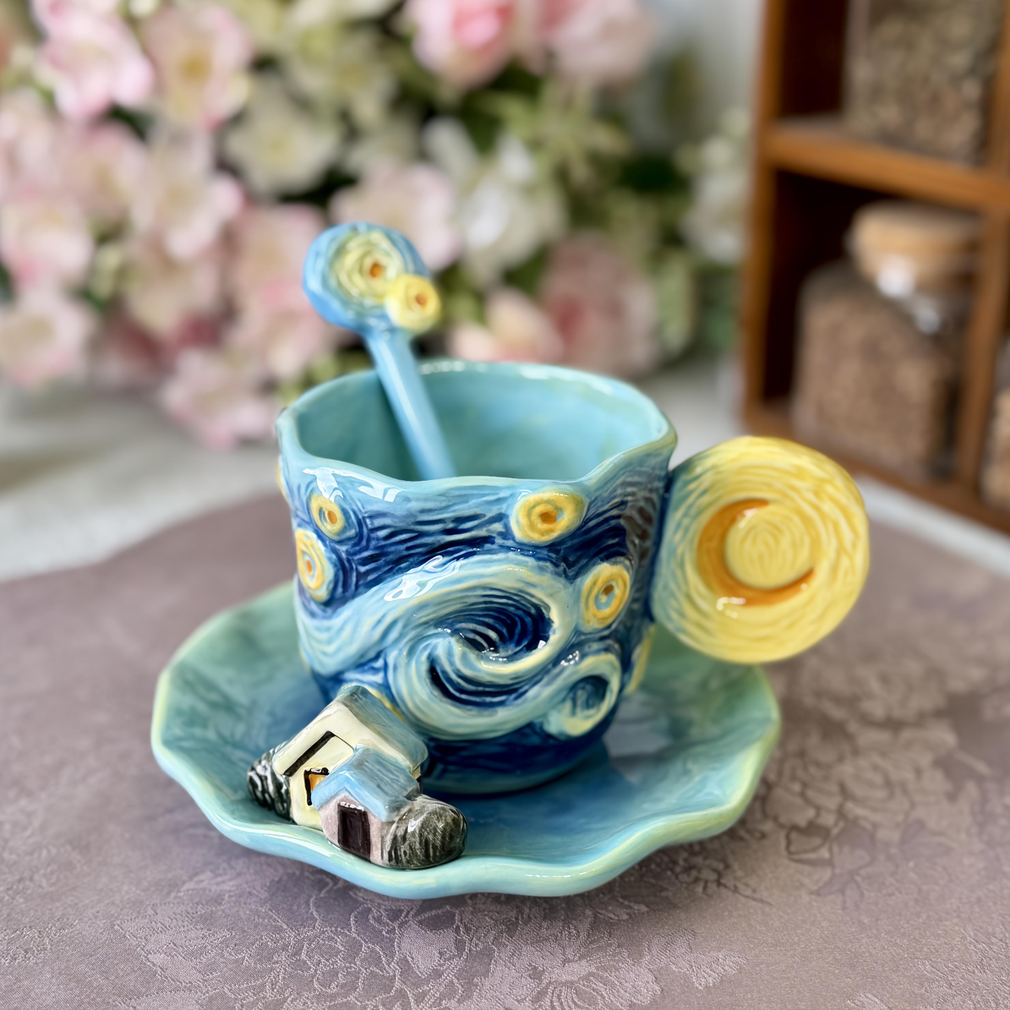 TEMU 1 Set de Taza y de Cerámica Clásica de Van Pintada a , 1 de Taza de Té y Café 3D a con Cielo Estrellado, Flores de , e Iris, 1 de , 1 , Decoración de Escritorio , para Navidad