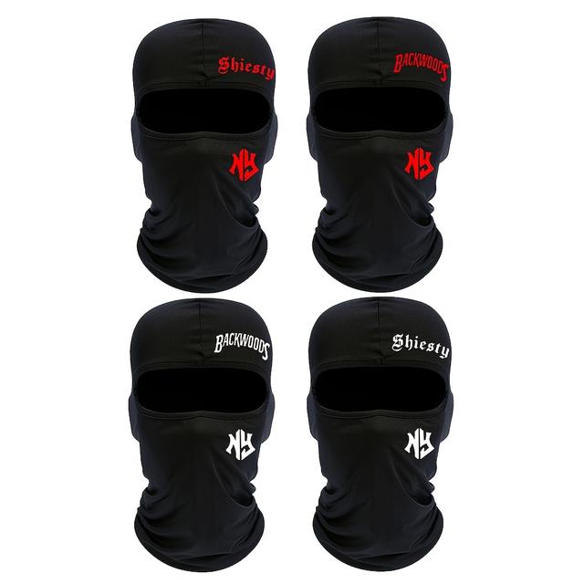 TEMU 4pcs Black Balaclavas With Trendy Letter Print - Breathable, , Windproof & Dustproof Full Face Mask Hats For Outdoor Sports, Neck Protection, Single Hole