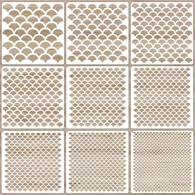 TEMU Zestaw 9 szablonów w kształcie łusek ryby o wymiarach 6X6 cali, szablony wielokrotnego użytku do makijażu twarzy do malowania łusek ryb na ścianach z tkaniny i twarzach.