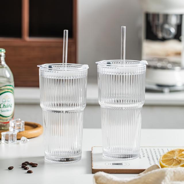 TEMU 2pcs/4pcs 20.2oz/600ml Clear Glass Coffee Cups With Lids & Straws - Reusable, Hand Wash Only, Iced Americano, Latte, Milk - High-quality, Stylish Beverage Cups For , Coffee Bar Accessories