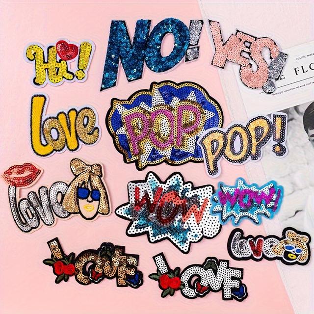 TEMU 12 Stk. Funkelnde Pailletten-Buchstaben-Stickerei-Patches, Modische JA & NEIN Text-Applikationen für DIY-Kleidung und Taschendekorationen, Pailletten für Bastelarbeiten