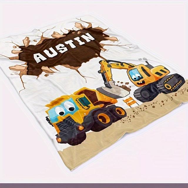 TEMU 1pc Text Customized Excavator Digging Earth Print Fleece Blanket, Personalized Soft And Warm Fleece Blanket, Suitable For Sofa, Bed, Travel, Camping, Living Room, Office - Machine Washable, ,