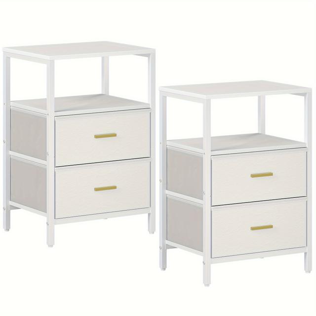 TEMU Bedside Table Set Of 2, Side Table With 2 Storage Canvas Drawers, Open Compartment, Coffee Table, Bedside Table Bedroom, For Living Room, Bedroom, White