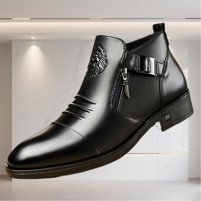 TEMU Men's Mid-calf Boots With & Metal Buckle Accents, Double-sided Zipper, Thick Rubber Sole - Versatile For Weddings, Business, Casual & Formal Events, Wedding Shoes, Durable Footwear