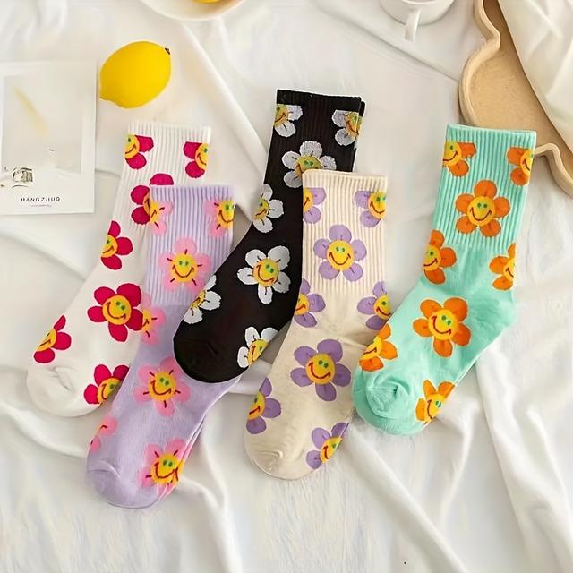 TEMU 5 Pairs Of Cute And Stylish Mid-calf Socks For Teens Featuring A Sunny , A Trendy, Look Sports.