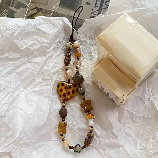 TEMU 1pc Autumn And Winter Handmade Amber Love Leopard Print Beaded Mobile Phone Chain, Ccd Camera Diy Beaded Cold Retro Pendant, Suitable For Women To Wear