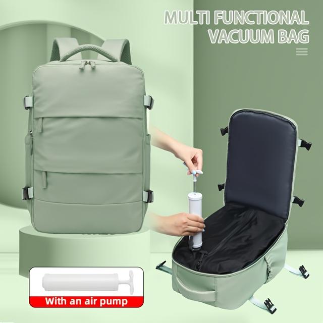 TEMU A Vacuum-compressed Travel Backpack That On Board The Plane With A Manual Air Pump. The Internal Vacuum Can Increase Capacity By 51%