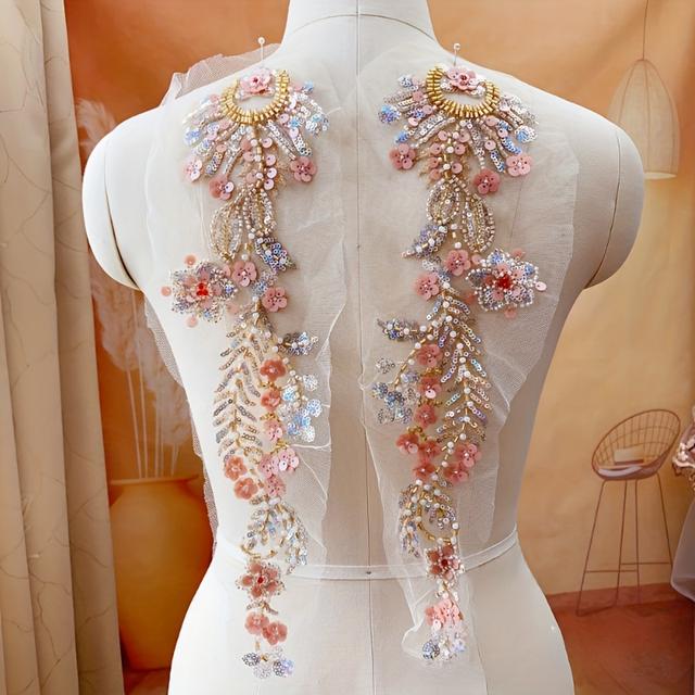 TEMU 1 Paar Perlen Pailletten Applikation Patch Glänzende Luxuriöse Blumenborte Nähen