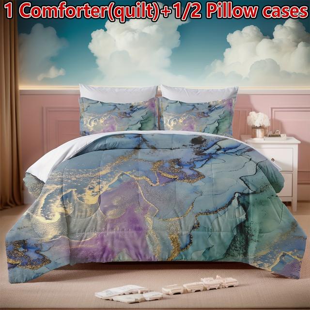 TEMU 2/3pcs Marble Pattern Quilt Set(1 Quilt Comforter +1/2 Pillow Cases Without Core), Soft, Lightweight, Breathable Quilt Set Suitable For Summer Use