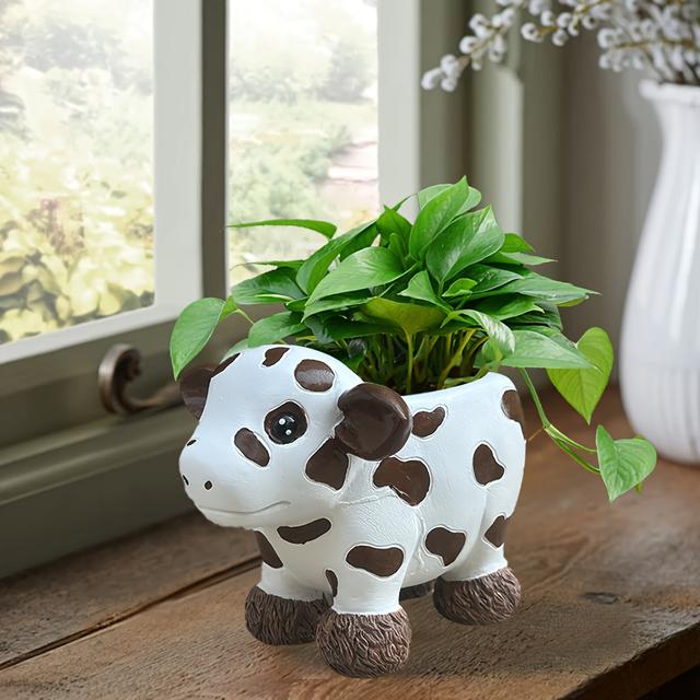 TEMU Rustic Cow-shaped Resin Succulent Planter With Drainage - Indoor/outdoor Decorative For Home & Balcony
