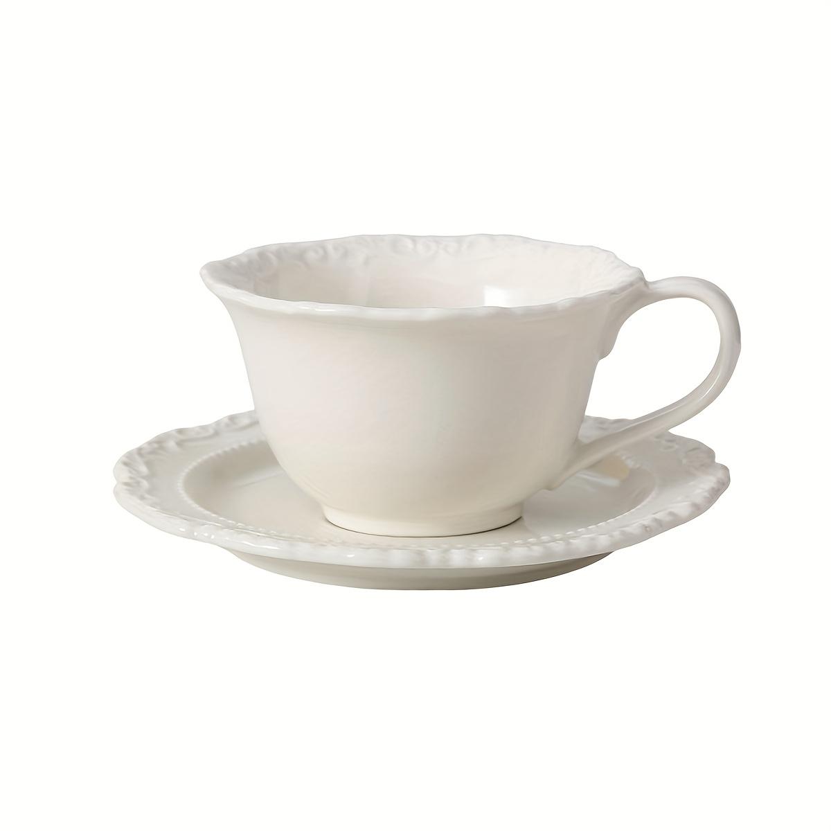 TEMU Coffee Cups Saucer Set, Embossed Ceramic Vintage Latte Mug, 220ml/7oz White Porcelain Cup For Milk Black Tea, Perfect For Living Room Decoration & Tea Party