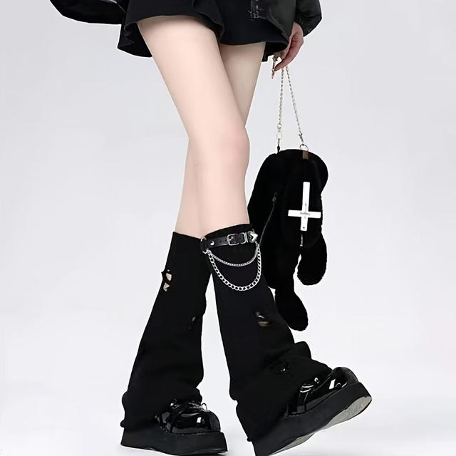 TEMU 1 Par - Calentadores de Pierna Rotos con Hebilla de Cuero y Cadena para Mujer, Estilo Y2K , Anillo de Pierna Acampanado, Calentadores de Pierna Relajados