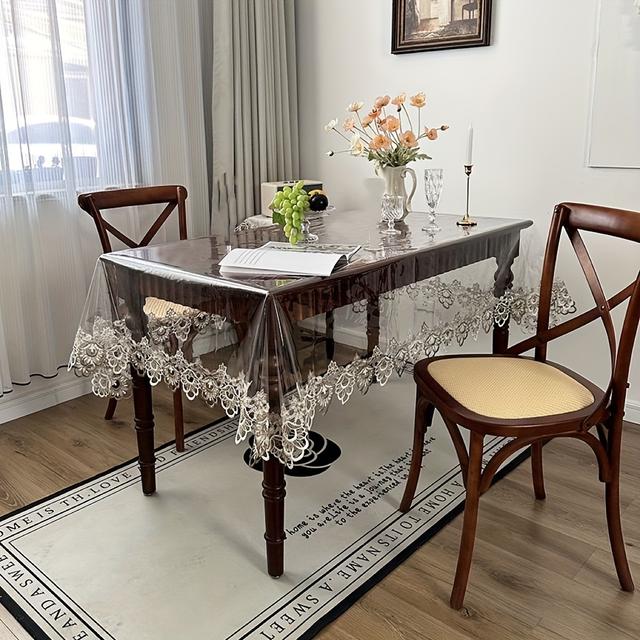 TEMU A Transparent Pvc Lace-trimmed Embroidered Tablecloth, Suitable For Dining Tables, Coffee Tables, Daily Home Decor, And Parties, Weddings, And Festivals