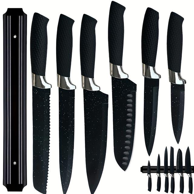 TEMU 7pcs Kitchen Knife Set, Professional Kitchen Chef Knife Set With Sharp High Carbon Stainless Steel Blade And Ergonomically Handle, Knife Set With Magnetic Knife Holder