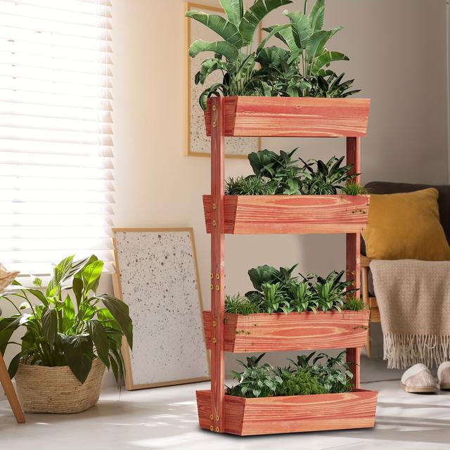 TEMU Single Unit Wooden Vertical Garden Bed With 4 Levels, Suitable For Indoor And Outdoor Use, Designed For Planting Vegetables, Flowers, And Herbs On Patios Or , In A Brown End
