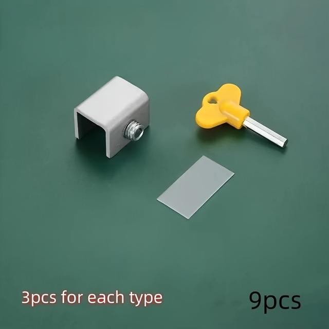TEMU 9 قطع / 3 مجموعات مشابك حدود الأبواب والنوافذ: قفل نوافذ منزلقة مع وسادات واقية، قفل مفتاح قفل النوافذ المنزلقة، أدوات تقييد التهوية - هيكل معدني، تركيب سهل بدون حفر