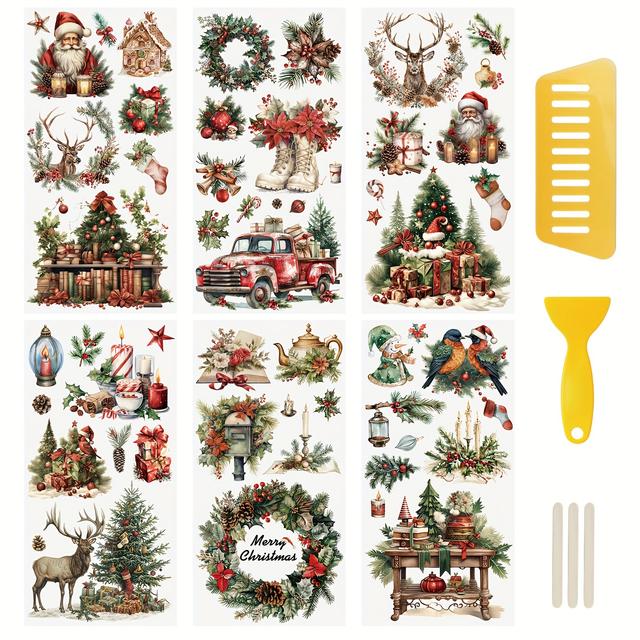 TEMU Set Of 6 Christmas-themed Rub-on Transfer Stickers, Featuring Merry Christmas Designs, Perfect For Photo Albums And Furniture, Measuring 5.9 By 11.8 Inches