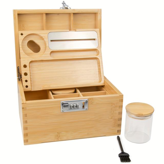 TEMU Large Bamboo Box, Locked Storage Decorative Box With Combination Lock, Wooden Lock Box With Lid, Wooden Locked Storage Box With Removable Tray And Jars