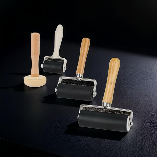 TEMU Set Of 4 High-quality Rubber Rollers With Wooden Handles, Designed For Smooth Application, Printing, And Drum Rolling