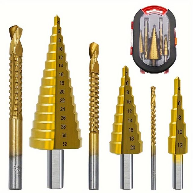 TEMU Step Drill Bit Set, 6pcs Hss High For Stainless Steel, Metal, Wood, Plasticdrilling 4-32mm/ 4-20mm/ 4-12mm/ 6mm/ 8mm/ 3mm