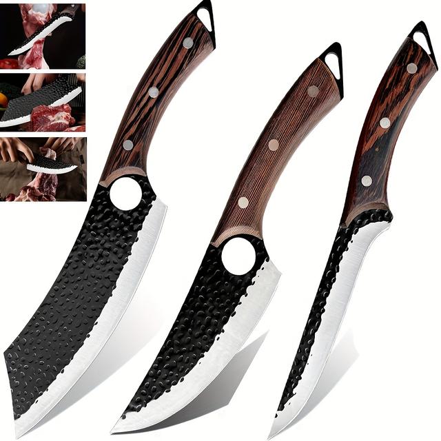 TEMU 3pcs Hand Butcher Knife Set, Serbian Chef Knife, Meat Knife, Boning Knife, Butcher Knife, High Carbon Stainless Steel Meat Cutting Knife For Home Kitchen & Outdoor