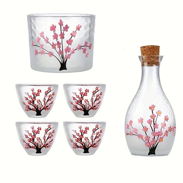 TEMU Set Of 6 Japanese Cherry Glass Items - Handcrafted And Cup, Featuring A Vintage Pattern, Ideal For Hot And Cold Beverages, A Sophisticated .