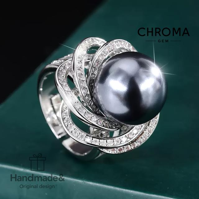 TEMU 【高品質】上品でトなグレーの天然水産カラーシェルリング | 925シルバー | ハンドメイドで大きくデザイン | 普段使いや宴会に最適、記念日、誕生日、卒業祝いのギフトに最適