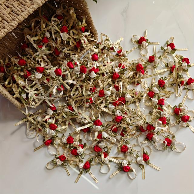 TEMU 30pcs Of Handmade Rose Bows, Elegant Pink And Off-white Floral Designs With Golden Glitter Ribbons. Used For Diy Crafts, Gift Wrapping, Decorations, Home Arrangements And Bouquet Accessories.