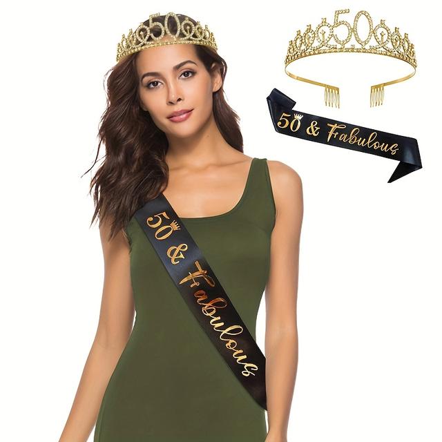 TEMU 2-delige Zwart-Gouden 50e Verjaardag Riem en Kroon Set - Een Fijn 50e Verjaardagscadeau voor Haar, Party Foto Booth Props