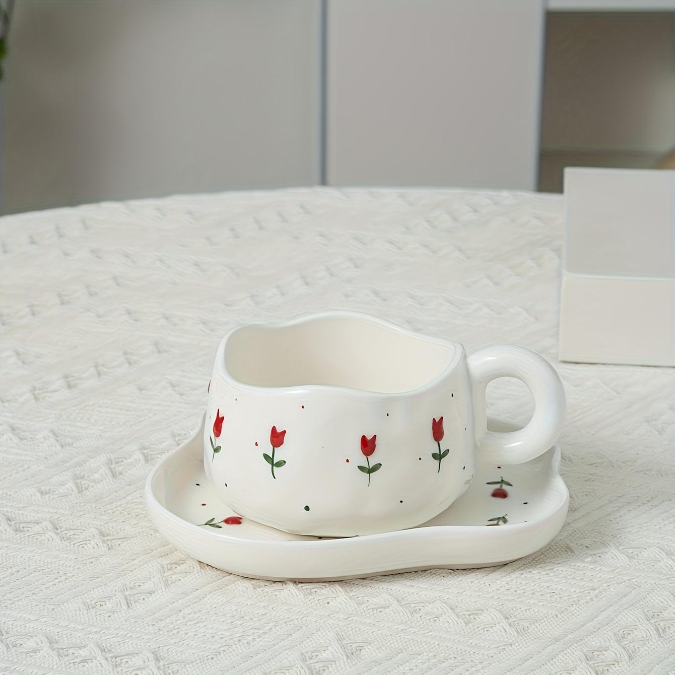 TEMU A Set Of Creatively Hand-painted, Hand-built Tulip And Rose Ceramic Coffee Cups And Saucers For Home Use