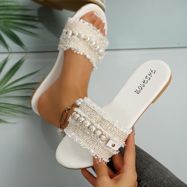 TEMU Comfortable And Stylish Slip-on Sandals For Women, Featuring Artificial Pearl Round-toe Design, Perfect For Casual Vacations With Flat Low Heels., Women Shoes