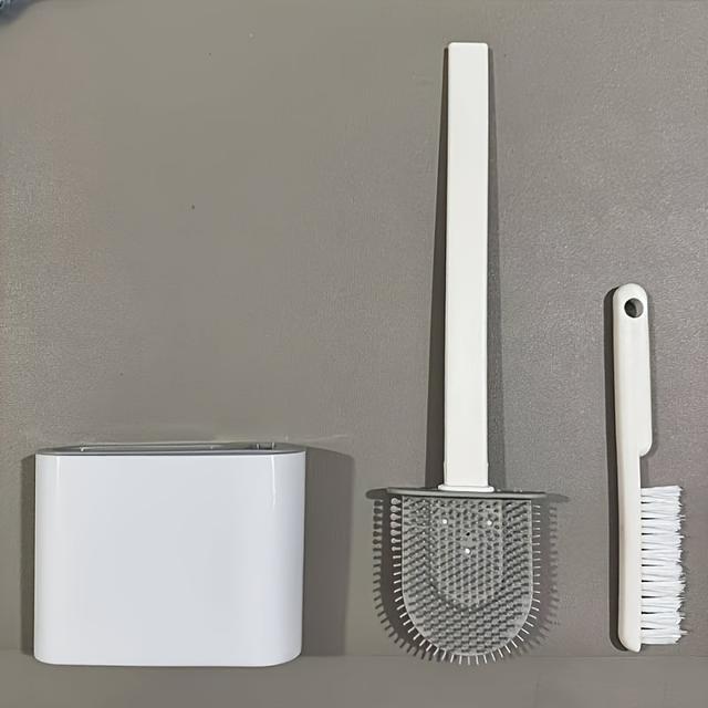 TEMU Gray Rv Toilet Brush Set, No Drilling Wall Mounted Bathroom Cleaning Brush With Silicone Bristles, And Space Saving, Home Bathroom Cleaning Accessories, Rv Toilet Accessories