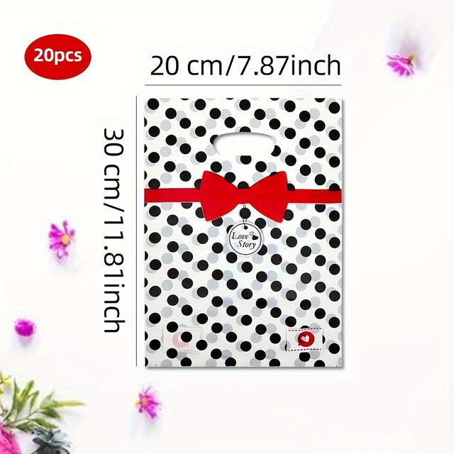 TEMU 20-pak czarno-białych plastikowych toreb z nadrukiem w kropki i wyciętymi uchwytami, idealnych do sprzedaży detalicznej, butików i pakowania prezentów.