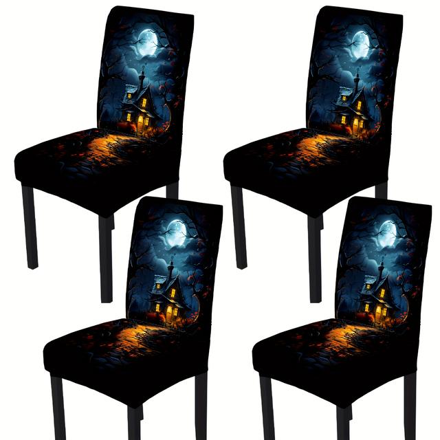 TEMU Open ; 4pcs/6pcs Halloween Moonlight House Print Decorative Chair Covers, Suitable For Halloween Chair Decoration; High Elasticity Fabric Reused, Machine Washable And