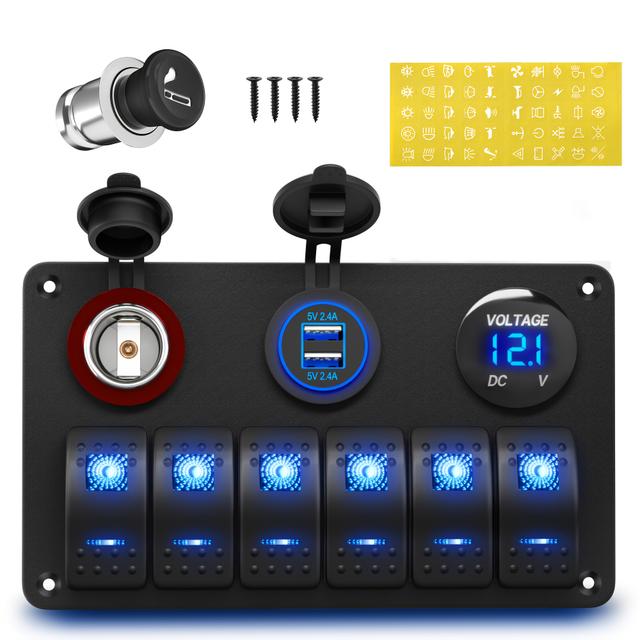 TEMU لوحة ألمنيوم بمفتاح 6 اتجاهات مع منفذ شحن USB مزدوج ومقبس سيارة، ضوء LED أزرق 4.8A، مناسبة للسيارات البحرية والشاحنات وATV واليخوت 12V/24V مع ملصقات تضيء في الظلام