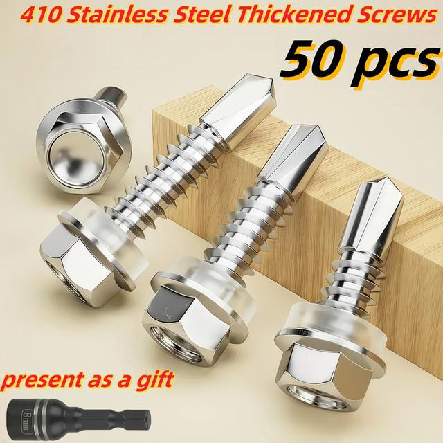 TEMU 50개 410 스테인리스 스틸 육각 와셔 헤드 TEK 자가 태핑 나사와 무료 소켓, 금속/가구용 5mm 거친 나사, 자석, 전체 나사 직선(19mm-50mm/0.75"-2"), 대량 하드웨어 패스너