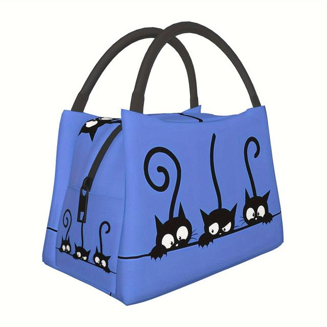 TEMU 1pc Black Cat Pattern, Suitable For Home, Office, School Supplies, Unisex Portable Reusable, Ideal For Camping And Beach Hiking, Storage Accessories, Insulated Lunch Bag, Non-food Contact