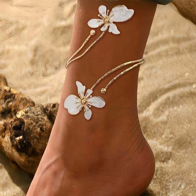 TEMU Elegant Geometric Line 3d Oil Flower Adjustable Anklet - Chic With White, Accents, Daily Wear, Parties & Vacations, Flower Anklet