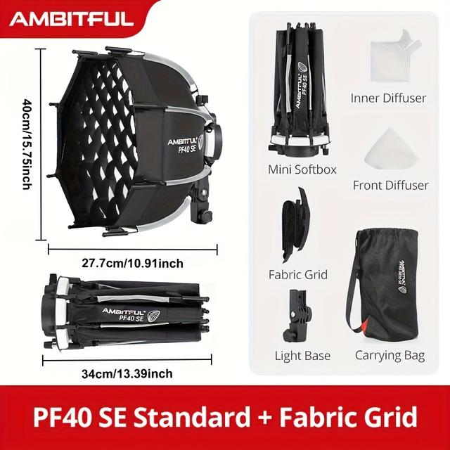 TEMU AMBITFUL PF30/40-/15.75 cali Mini Softbox z Szybkim Uchwytem Bowens + Plaster Miodu, Przenośny Softbox na Zewnątrz do Lamp Flasza i LED