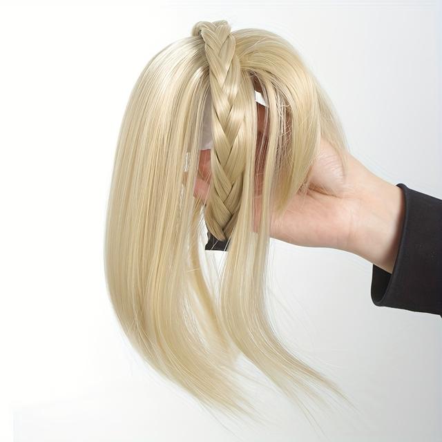 TEMU Chic Braided Headband With Clip-in Hair Topper & Bangs - Natural Look Synthetic Straight Hair Extensions For Women, Perfect For Casual Attire, Hair Accessories